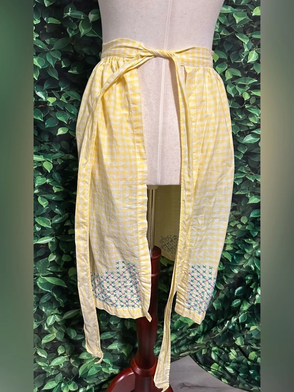 Vintage Handmade Checkered Half Apron Yellow Embroidered Pattern Cotton